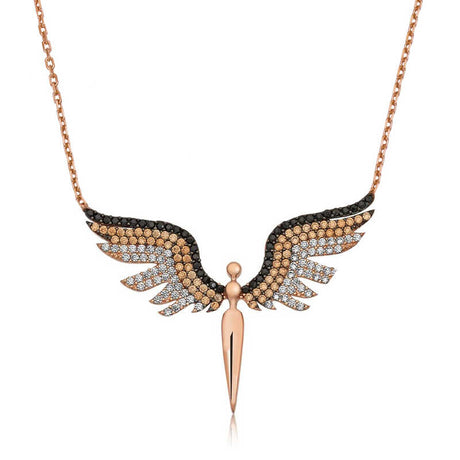Necklace - Rose Gold-Tone Angel Wings with Black, Champagne & Clear Crystals