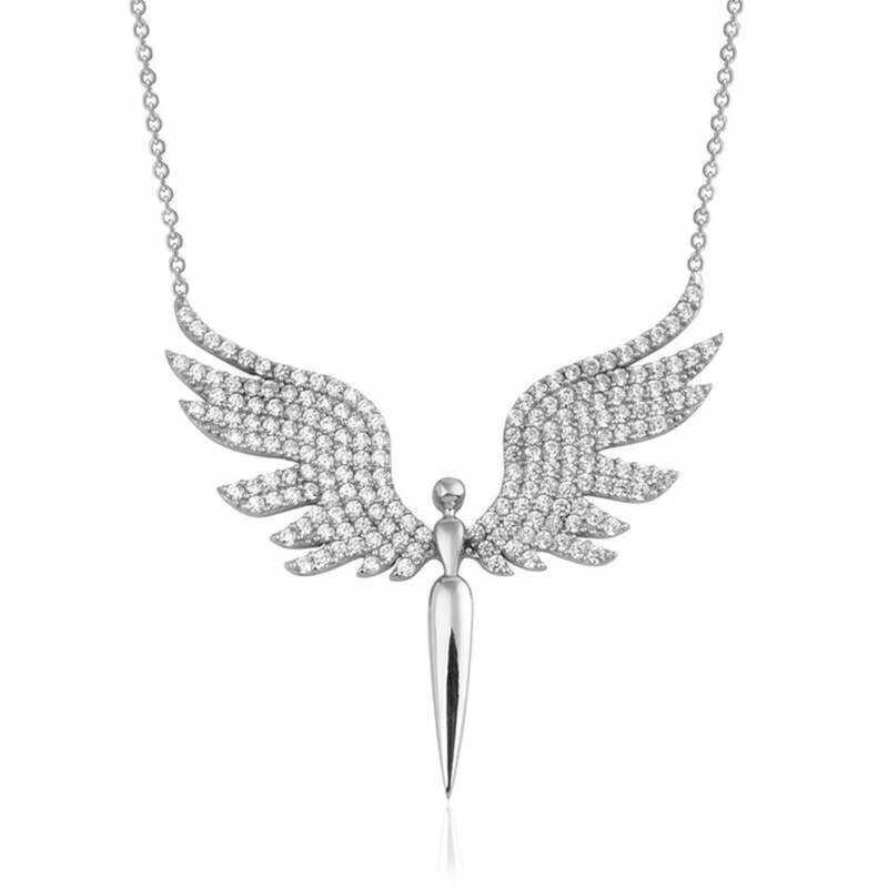 Sterling Silver Angel Wing Necklace - Sparkling Cubic Zirconia Pendant