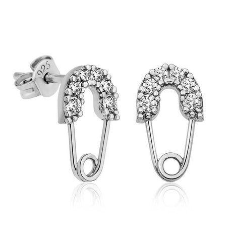 Sterling Silver Zirconia Safety Pin Stud Earrings - Dainty Chic