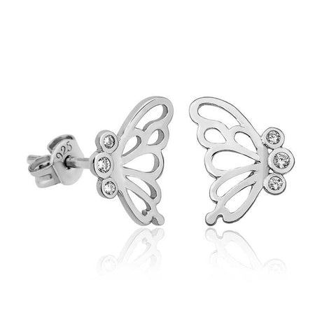 Sterling Silver Butterfly Wing Stud Earrings - Sparkling CZ Accent