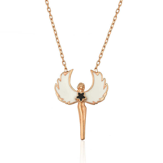 Rose Gold Plated Angel Necklace - White Enamel Winged Pendant