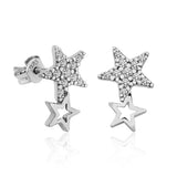 Sterling Silver Zirconia Double Star Dangle Stud Earrings