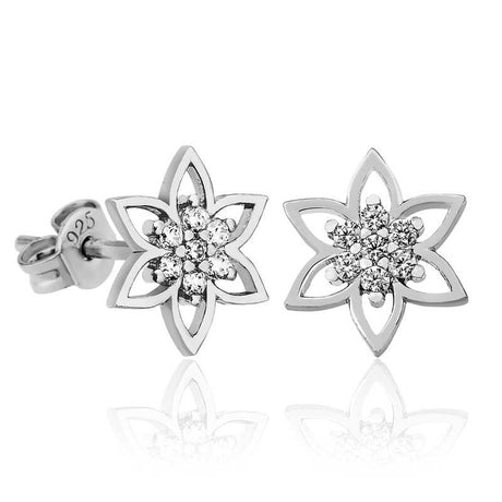 Sparkling Floral Stud Earrings - Sterling Silver & CZ Cluster