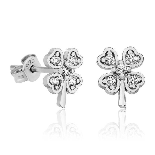 Sterling Silver Stud Earrings - Dainty Four-Leaf Clover with CZ
