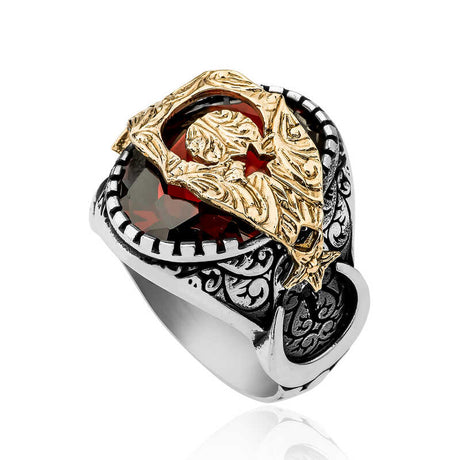 Premium Sterling Silver Red Faceted Stone Crescent Star Men's Ring