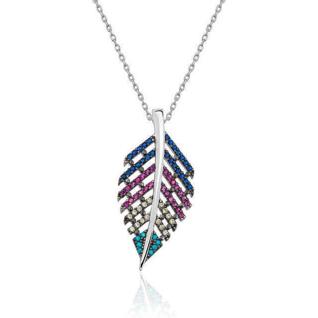 Sterling Silver Leaf Necklace - Colorful Zirconia Statement Pendant