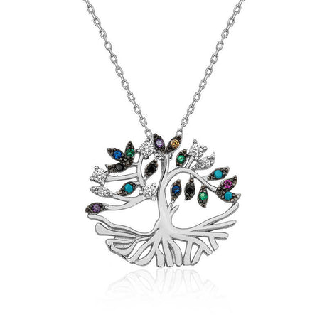 Necklace - Sterling Silver Multi-Color Cubic Zirconia Tree of Life Pendant