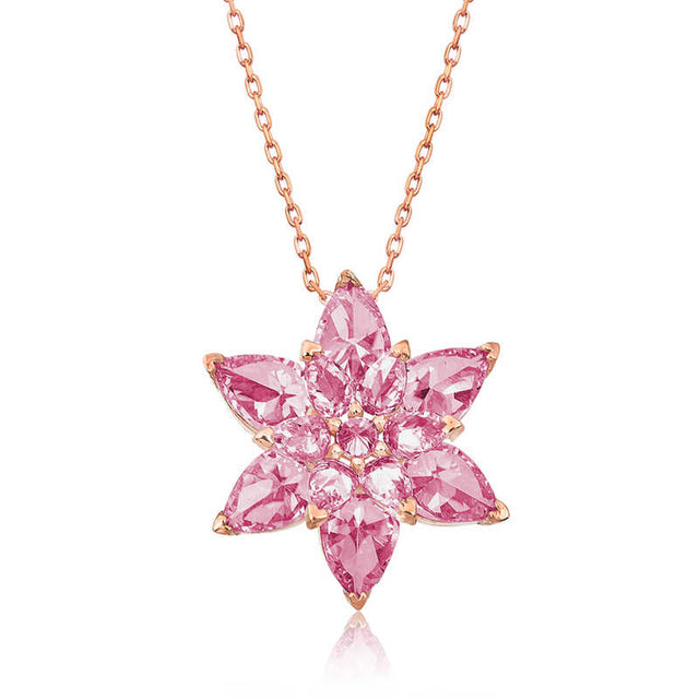 Rose Gold Plated Necklace - Pink Gemstone Lotus Flower Pendant