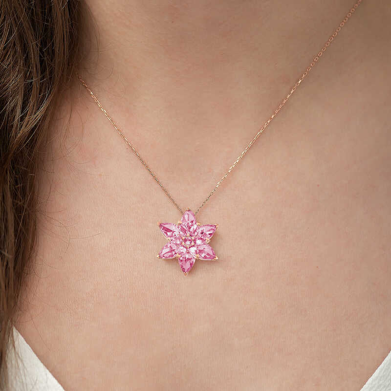 Rose Gold Plated Necklace - Pink Gemstone Lotus Flower Pendant