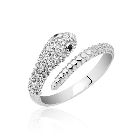 Elegant Snake Wrap Ring - Silver-Tone with Dazzling Pave CZ Stones
