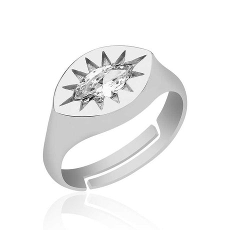 Adjustable Signet Ring - Silver-Tone Marquise Cut Starburst Stone