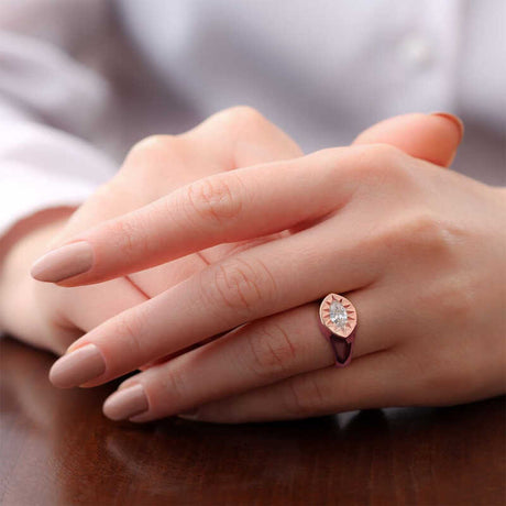 Adjustable Rose Gold Plated North Star Signet Ring with Marquise Stone