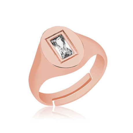 Rose Gold Plated Silver Adjustable Signet Ring - Baguette Stone