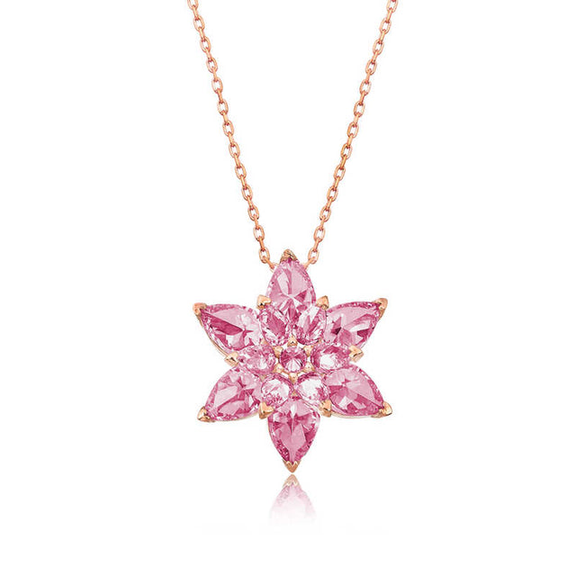 Necklace - Rose Gold Tone Pink Gemstone Lotus Flower Pendant