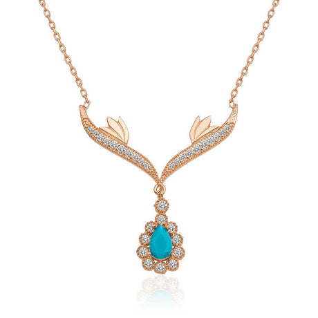 Necklace - Rose Gold Tone Turquoise Zirconia Floral Pendant