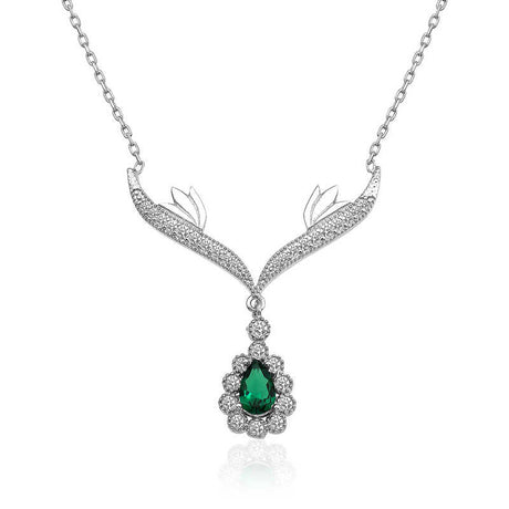 Necklace - Silver Emerald Green Pear Halo Statement Pendant