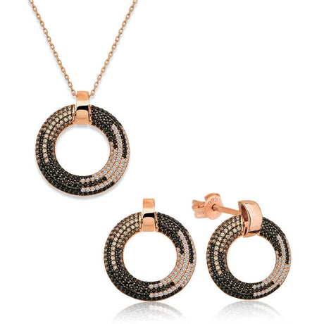 Rose Gold Plated Sterling Silver - Two-Tone Pave Circle Jewelry Set