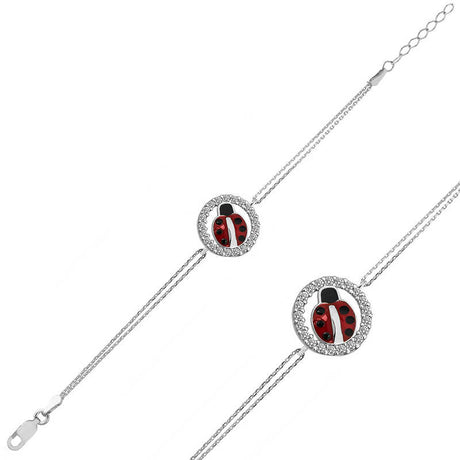 Sterling Silver Ladybug Charm Bracelet - Sparkling Zirconia Dainty Design