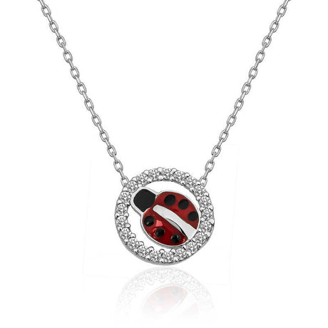 Sterling Silver Ladybug Necklace - Dainty Zirconia Circle Pendant