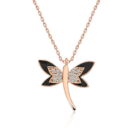 Rose Gold Plated Dragonfly Necklace - Sparkling CZ & Enamel Pendant