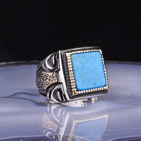Premium Sterling Silver Square Turquoise Men's Ring