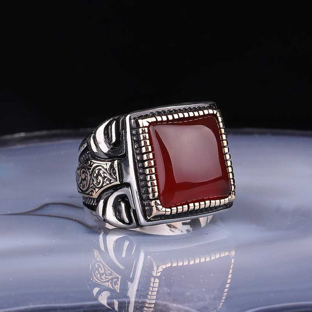 Premium Sterling Silver Men's Square Agate Ring