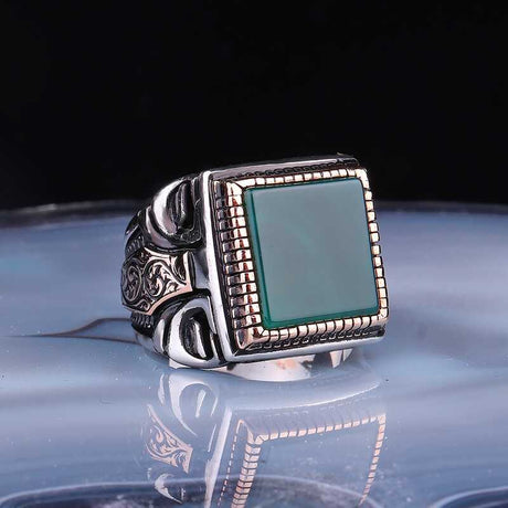 Premium Sterling Silver Square Green Agate Mens Ring