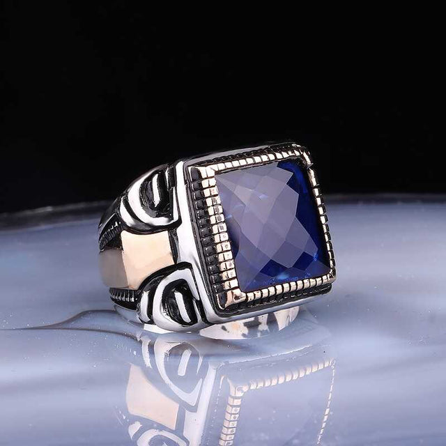 Premium Artisan Silver Men's Faceted Navy Stone Ring