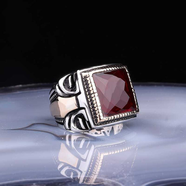 Premium Sterling Silver Square Faceted Burgundy Men's Ring