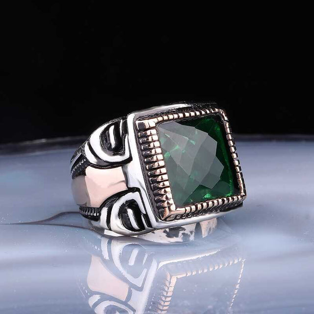 Premium Sterling Silver Men's Square Faceted Emerald Ring