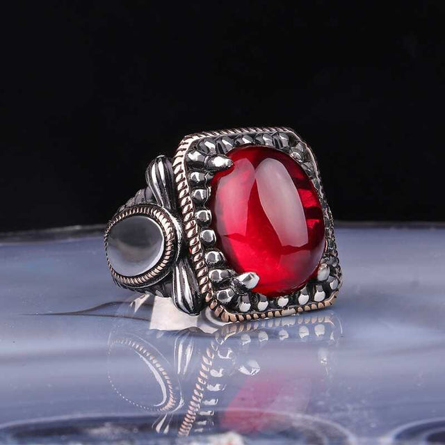 Premium Sterling Silver Red Zircon Stone Men's Ring