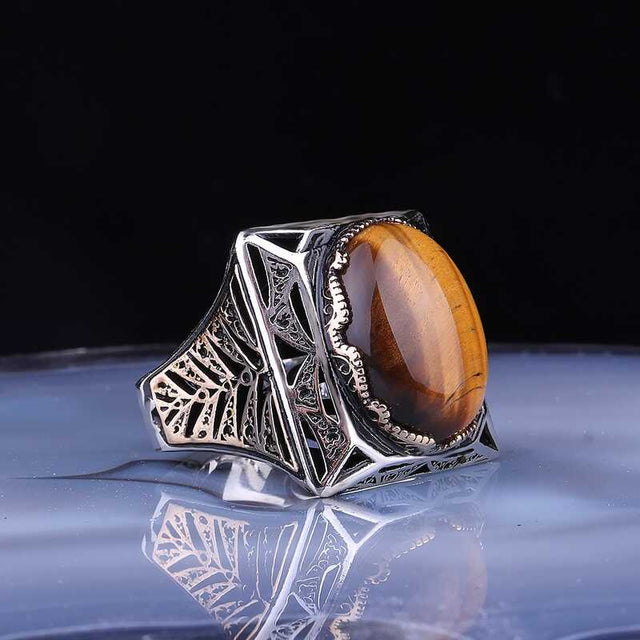 Men's Square Silver Tiger Eye Ring