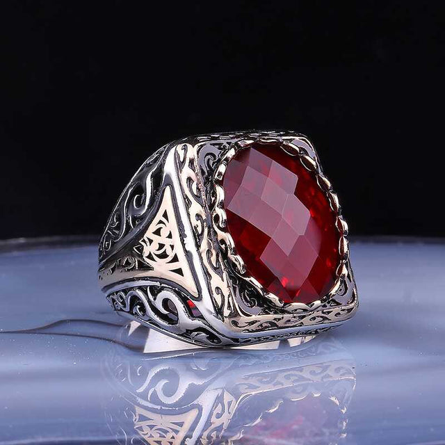 Premium Artisan Silver Faceted Red Stone Men's Ring