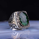 Premium Men's Square Faceted Green Stone Silver Ring