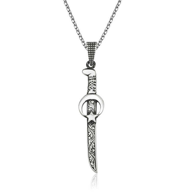 Sterling Silver Sword Pendant Necklace - Crescent Star Design
