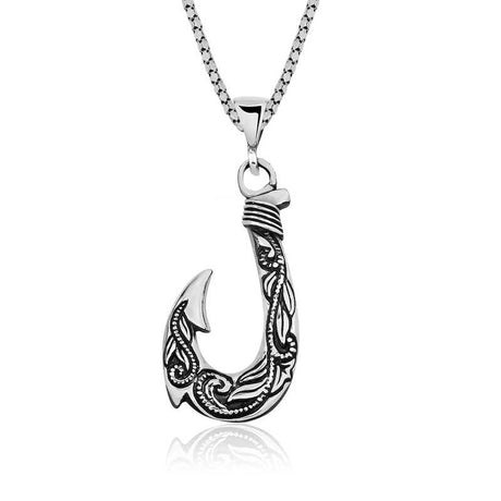 Men's Necklace - Silver-Tone Engraved Fishing Hook Pendant