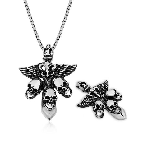 Men's Sterling Silver Winged Fleur-de-lis Skull Pendant Necklace