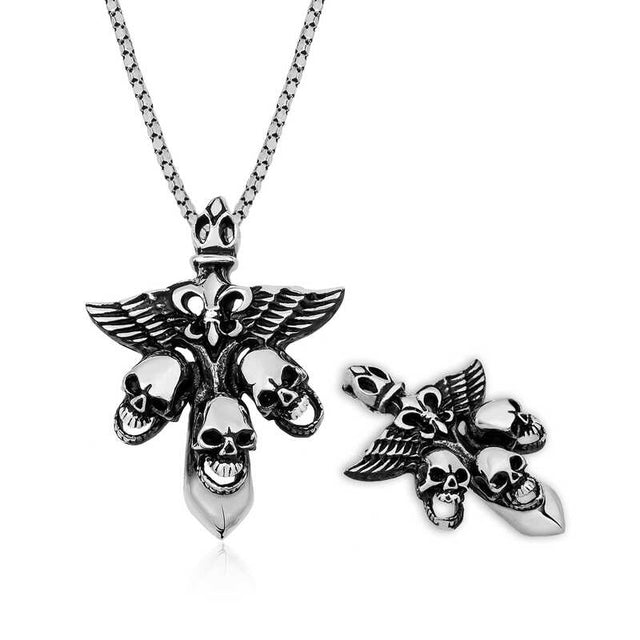 Men's Sterling Silver Winged Fleur-de-lis Skull Pendant Necklace
