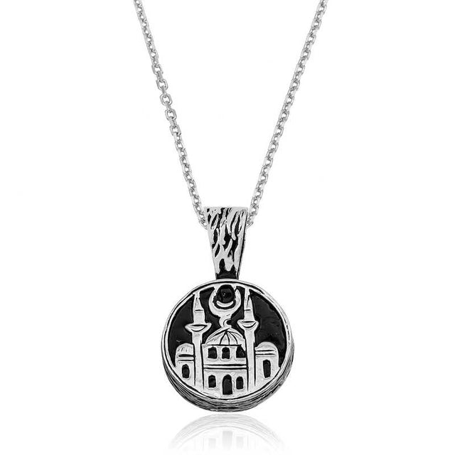 Sterling Silver Mosque Pendant Necklace - Detailed Islamic Design