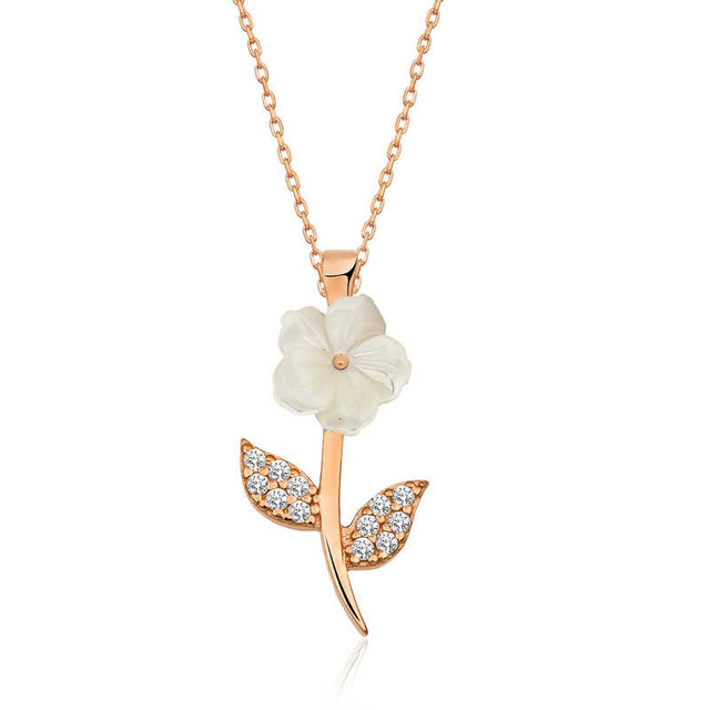 Rose Gold Plated Flower Necklace - White Shell & Cubic Zirconia