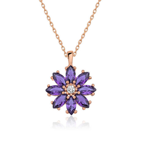 Necklace - Rose Gold Tone Purple Amethyst Zircon Flower Pendant