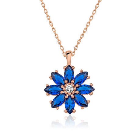 Rose Gold Plated Necklace - Sparkling Blue Sapphire Floral Pendant