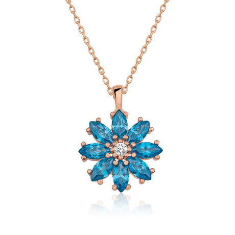 Necklace - Rose Gold-Tone Blue & Clear Stone Floral Pendant