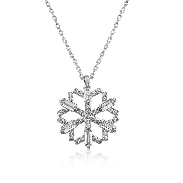 Sterling Silver Necklace - Baguette & Pave Snowflake Pendant