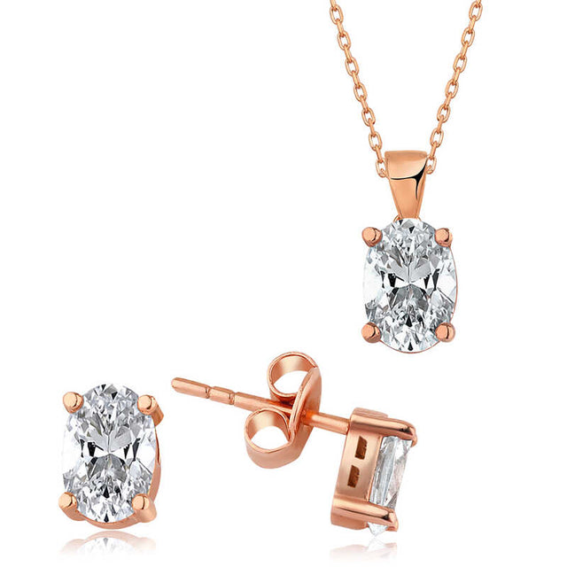 Sparkling Oval Solitaire Jewelry Set - Rose Gold Plated Elegance