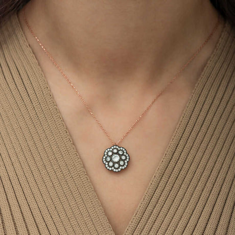 Necklace - Rose Gold & Oxidized Silver-Tone Diamond-Style Flower Pendant