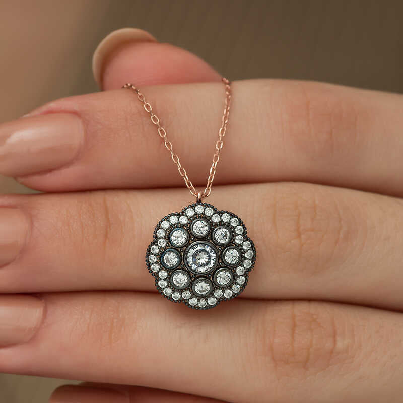 Necklace - Rose Gold & Oxidized Silver-Tone Diamond-Style Flower Pendant