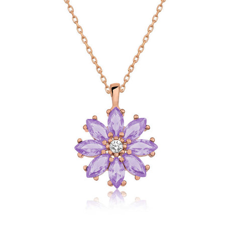 Necklace - Rose Gold Plated Sterling Silver Amethyst Floral Pendant