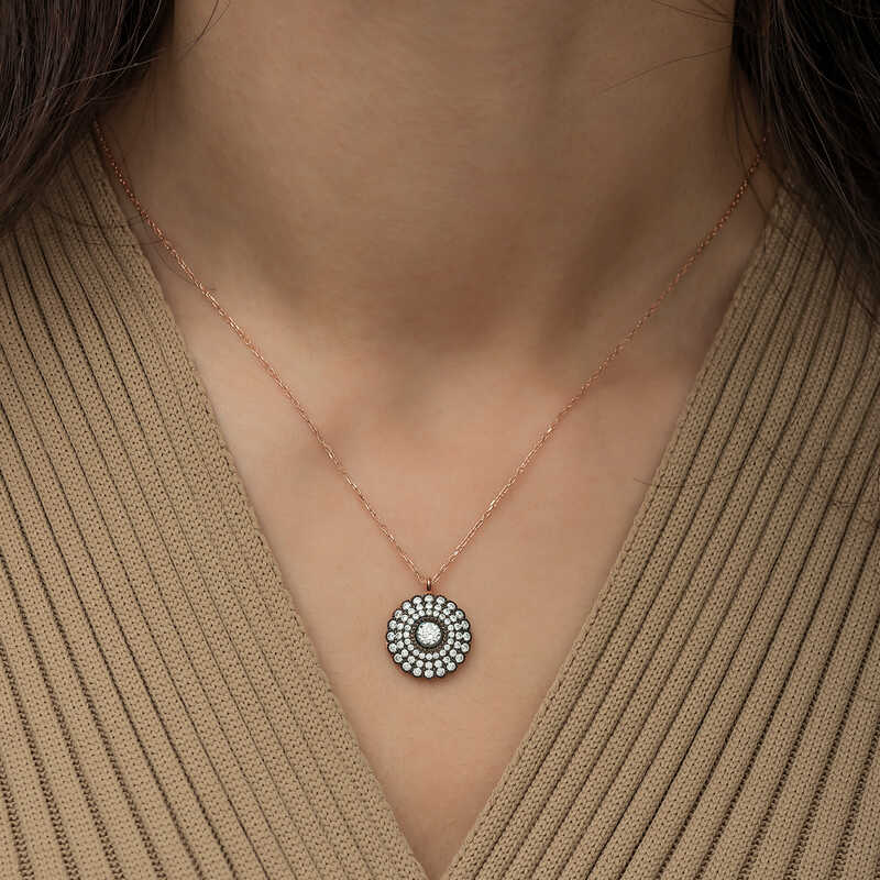 Rose Gold Plated Silver Necklace - Diamond-Simulant Floral Cluster