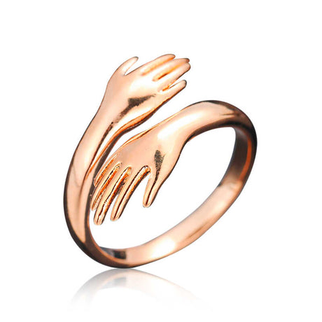 Rose Gold Plated Hug Ring - Romantic Embracing Hands Adjustable Design